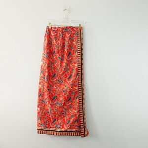 Nature Print Skirt‎ XS Red Cotton Paisley Midi Tribal Western Boho Resort Wear